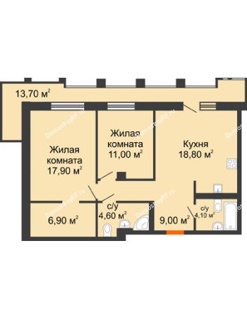 2 комнатная квартира 79,2 м² - ЖК Утро