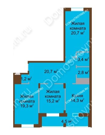 3 комнатная квартира 102,1 м² в ЖК Монолит, дом № 89, корп. 1, 2