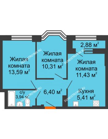 3 комнатная квартира 51,69 м² - ЖК Каскад на Куйбышева