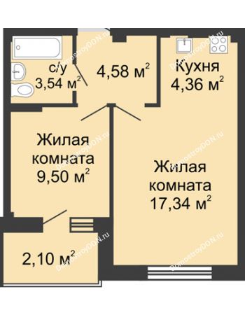 2 комнатная квартира 39,67 м² в ЖК Соловьиная роща, дом № 3