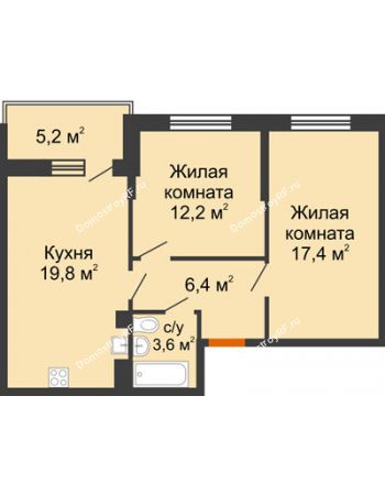 2 комнатная квартира 62 м² в ЖК Отражение, дом Литер 2.2
