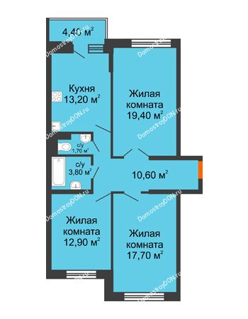 3 комнатная квартира 81,5 м² в ЖК Династия, дом Литер 2