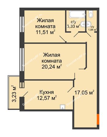 2 комнатная квартира 67,51 м² в ЖК Бограда, дом № 2