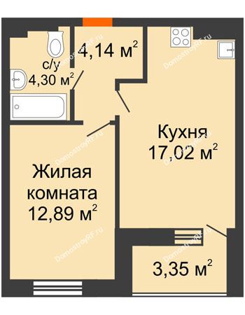 1 комнатная квартира 40,03 м² в ЖК Ютта, дом ГП-1