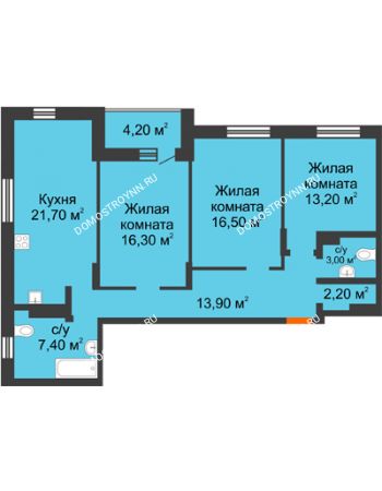 3 комнатная квартира 96,3 м² в ЖК Подкова на Цветочной, дом № 9