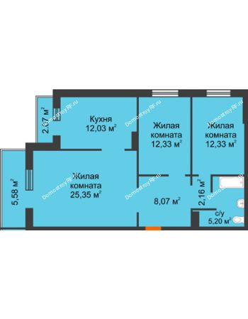 3 комнатная квартира 80,27 м² в ЖК Плодово-Ягодный, дом № 1