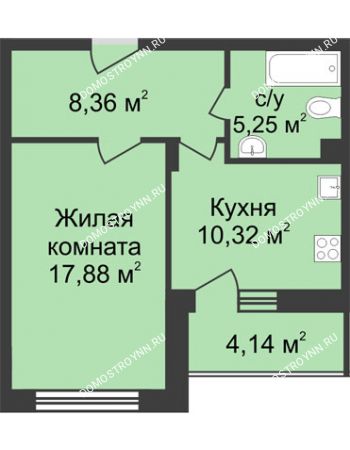 1 комнатная квартира 43,88 м² в ЖК Планетарий, дом № 6