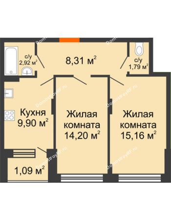 2 комнатная квартира 53,37 м² в ЖК Суворов-Сити, дом № 1