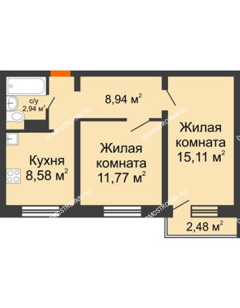 2 комнатная квартира 48,08 м² в ЖК Торпедо, дом № 18