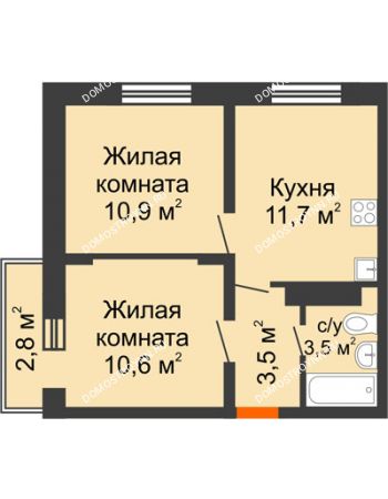 2 комнатная квартира 41,04 м² в ЖК Корабли, дом № 54