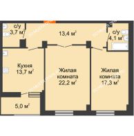 2 комнатная квартира 76,9 м² в ЖК Квартет, дом № 3 - планировка