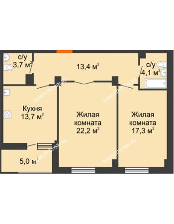 2 комнатная квартира 76,9 м² в ЖК Квартет, дом № 3