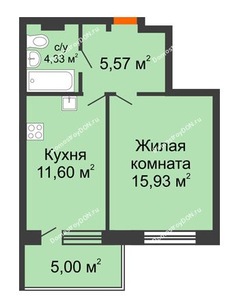 1 комнатная квартира 42,44 м² в ЖК Гвардейский 3.0, дом Секция 3
