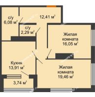 2 комнатная квартира 72,07 м², ЖК Гран-При - планировка