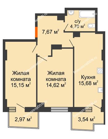 2 комнатная квартира 59,77 м² в ЖК Сердце Ростова 2, дом Литер 8
