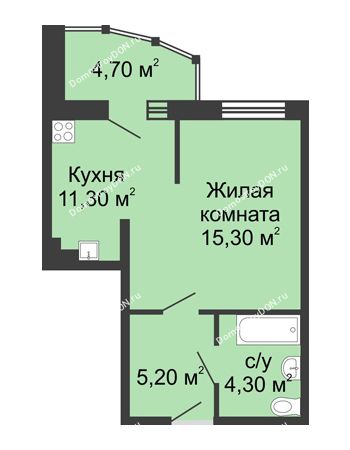 1 комнатная квартира 40,8 м² в ЖК Мега, дом № 2