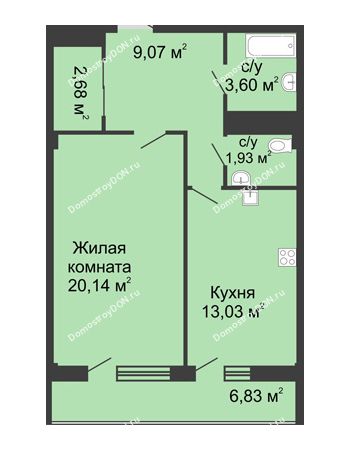 1 комнатная квартира 50,9 м² в  ЖК РИИЖТский Уют, дом Секция 1-2