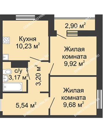 2 комнатная квартира 43,19 м² в ЖК Бурнаковский, дом № 38