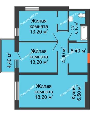 3 комнатная квартира 72,7 м² в ЖК Новый кленовый, дом № 2(2 этап)
