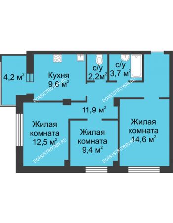 3 комнатная квартира 66 м² в ЖК Аквамарин, дом №2